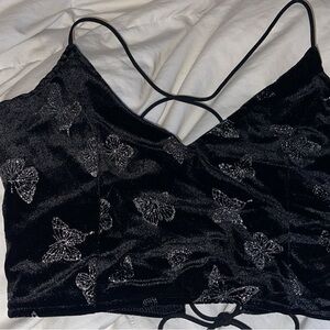 ROMWE Black Velvet Butterfly Top